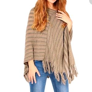 Fringe Trim Asymmetrical Hem Poncho